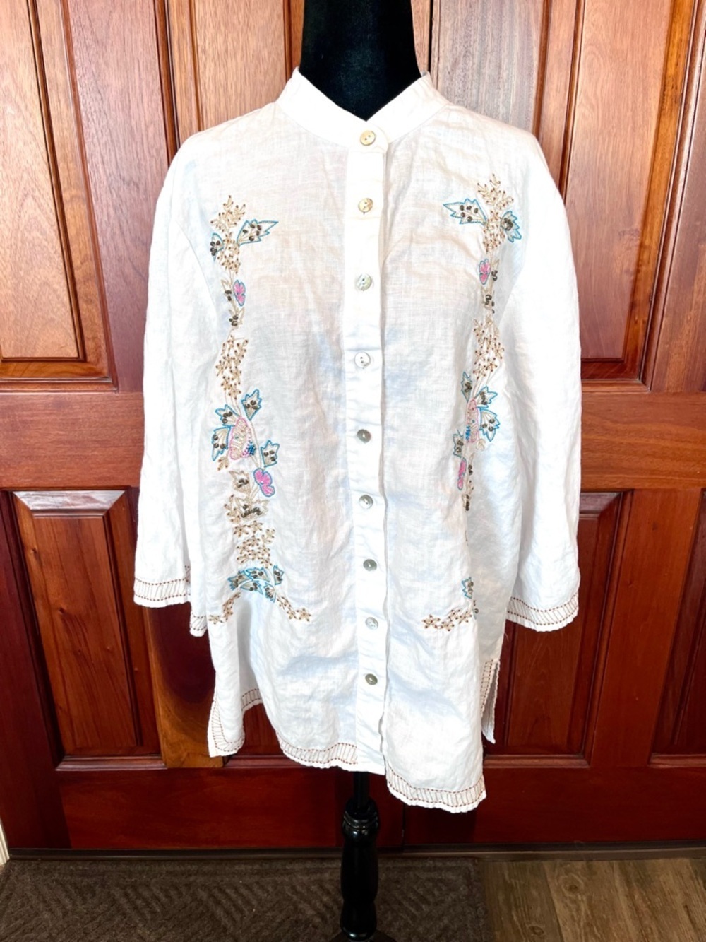 Richard Malcolm 100% Irish Linen Embroidered Floral Tunic Blouse Top Sz 1X White